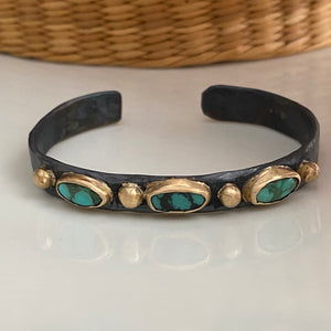 Turquoise Cuff in 14k Gold and Oxidized Silver